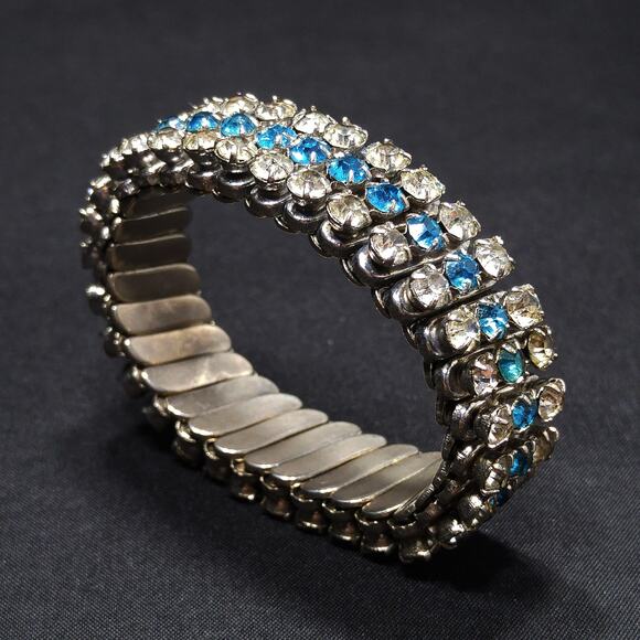 Vintage Rhinestone Expansion Bracelet, Clear & Turquoise, 1950s - Picture 7 of 10
